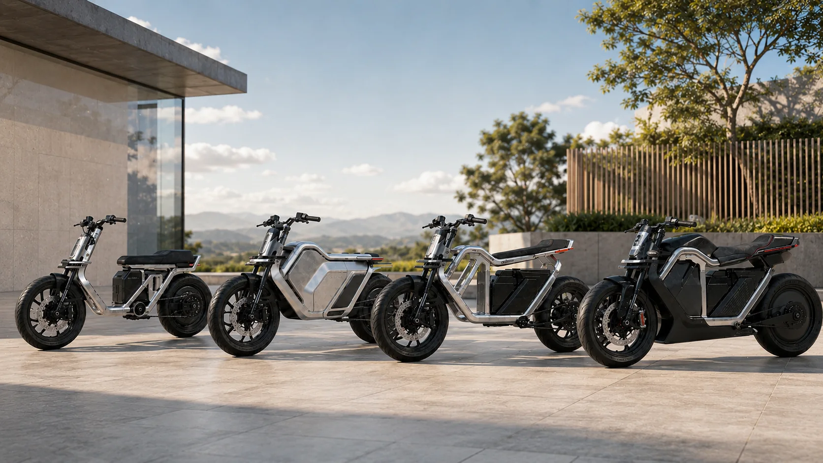 The four ORRBIKES variants in a daylight courtyard