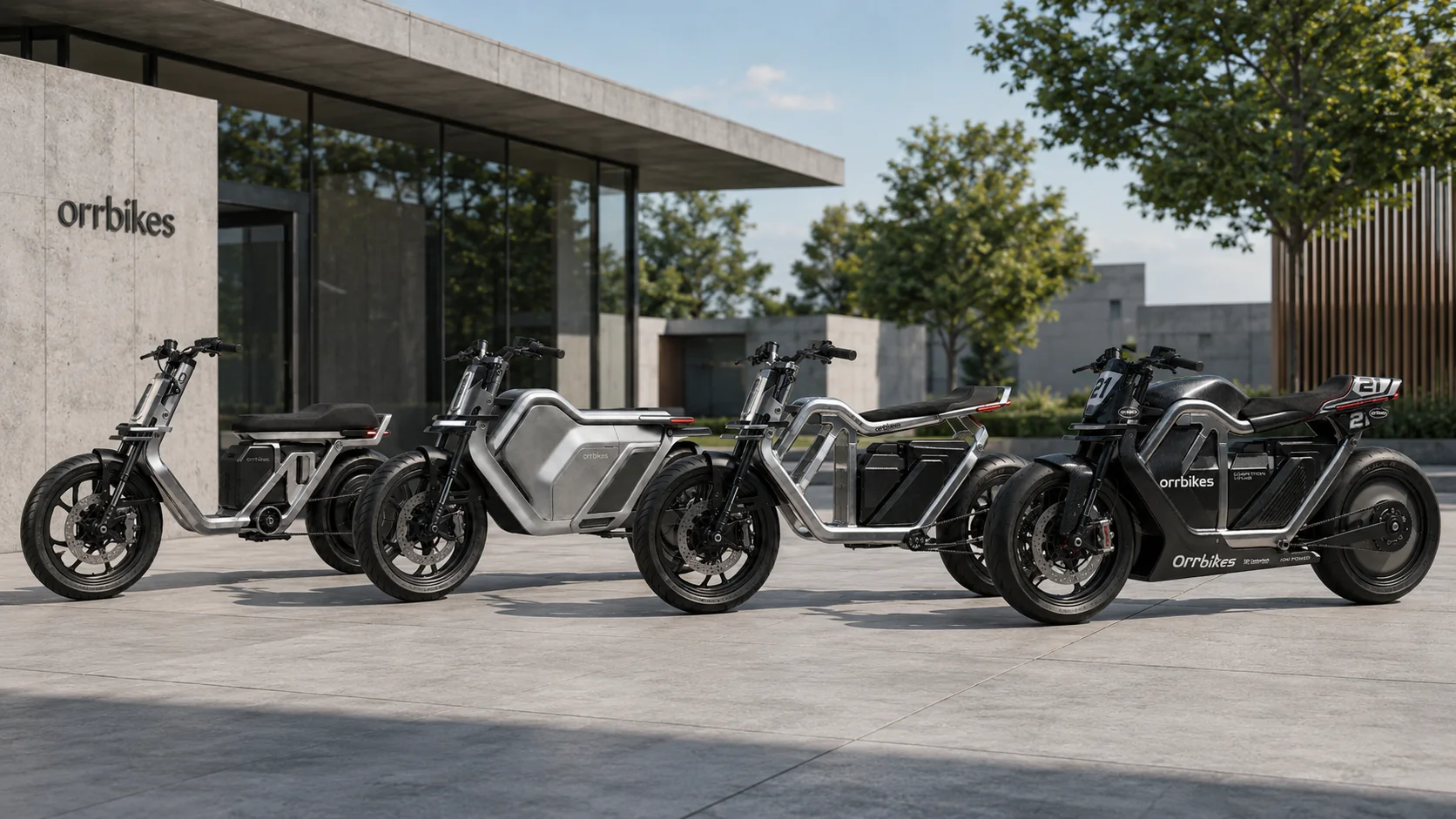 The four ORRBIKES variants in daylight outside the ORRBIKES studio